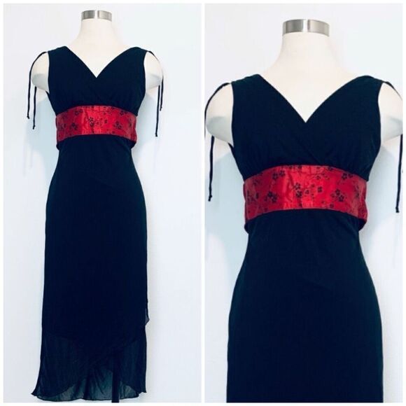 Vintage Up Front Y2K Black Asymmetrical Red Dress Medium Wrap - Picture 1 of 8